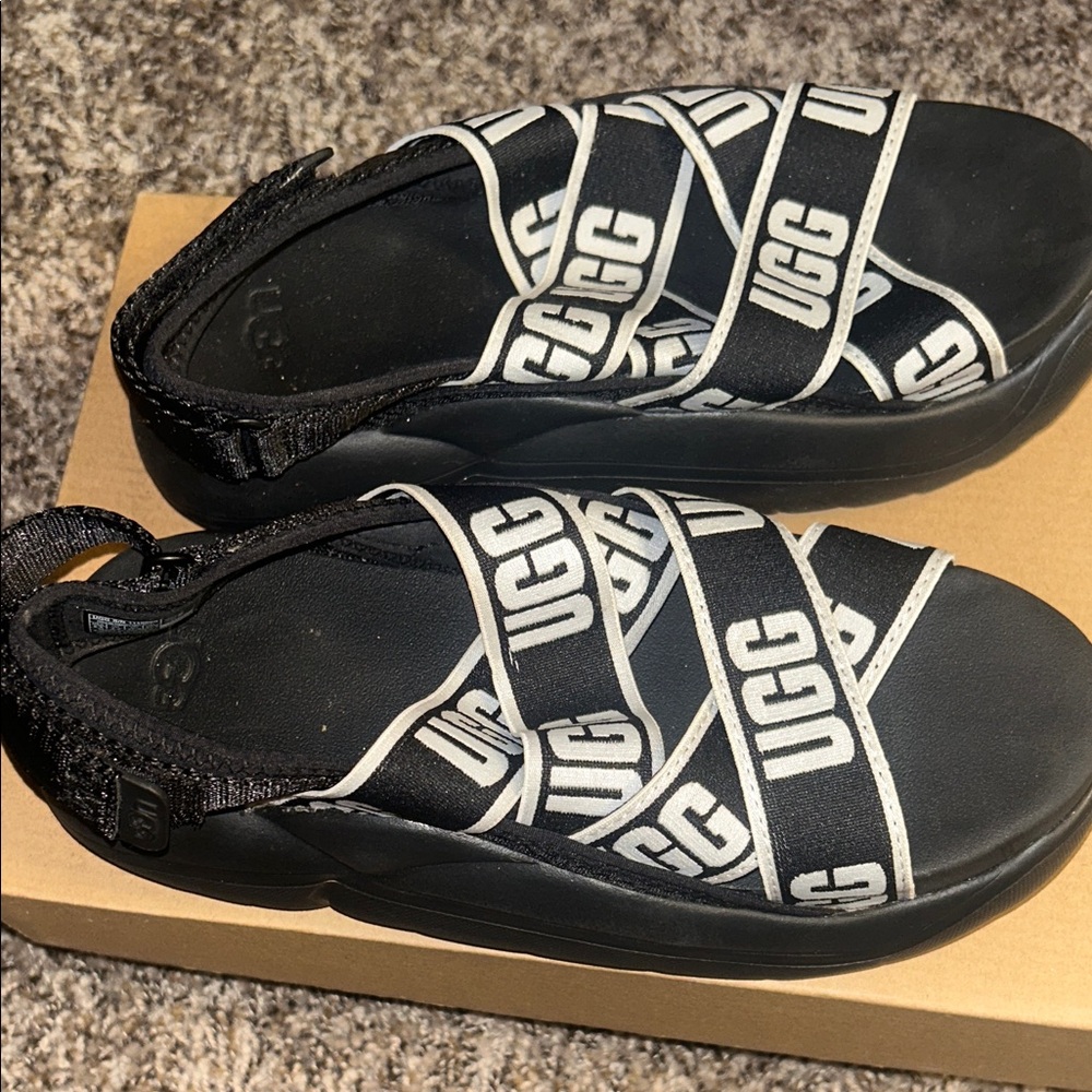 UGG Black and White Logo Strap Slingback Sandals